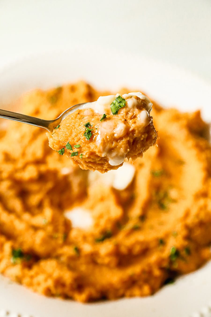 a spoonful of sweet potato mashed up close. 