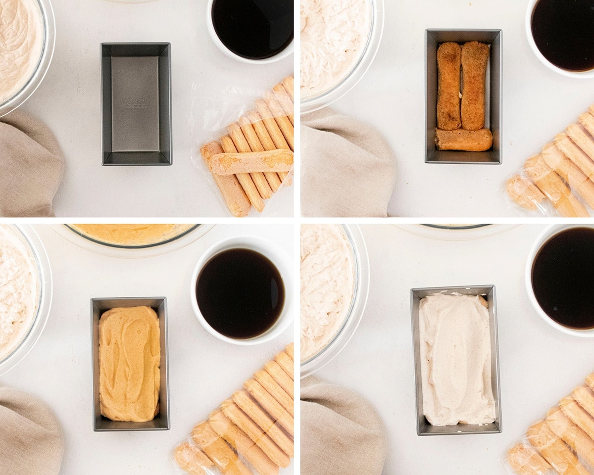 a collage with four photos. One photo showing an empty loaf pan with ingredients. The rest of the photos are showing the tiramisu process. 