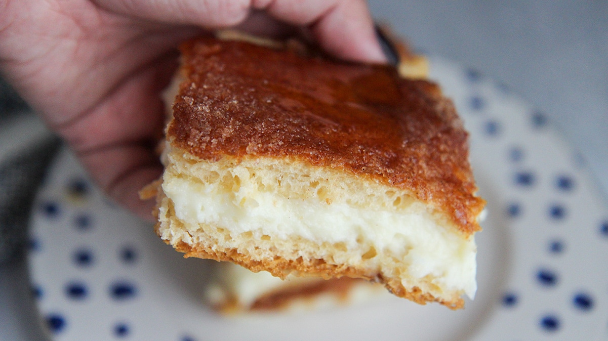 a hand holding one cheesecake bar up close. 