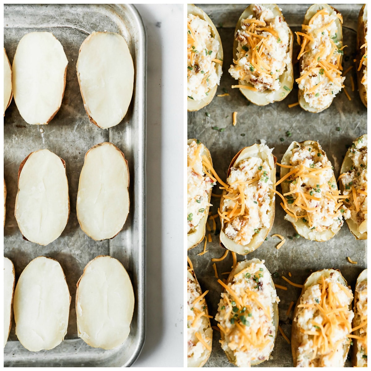 a collage with two photos. one photo showing plain baked potatoes and another photo showing baked potatoes with cheese on top. 