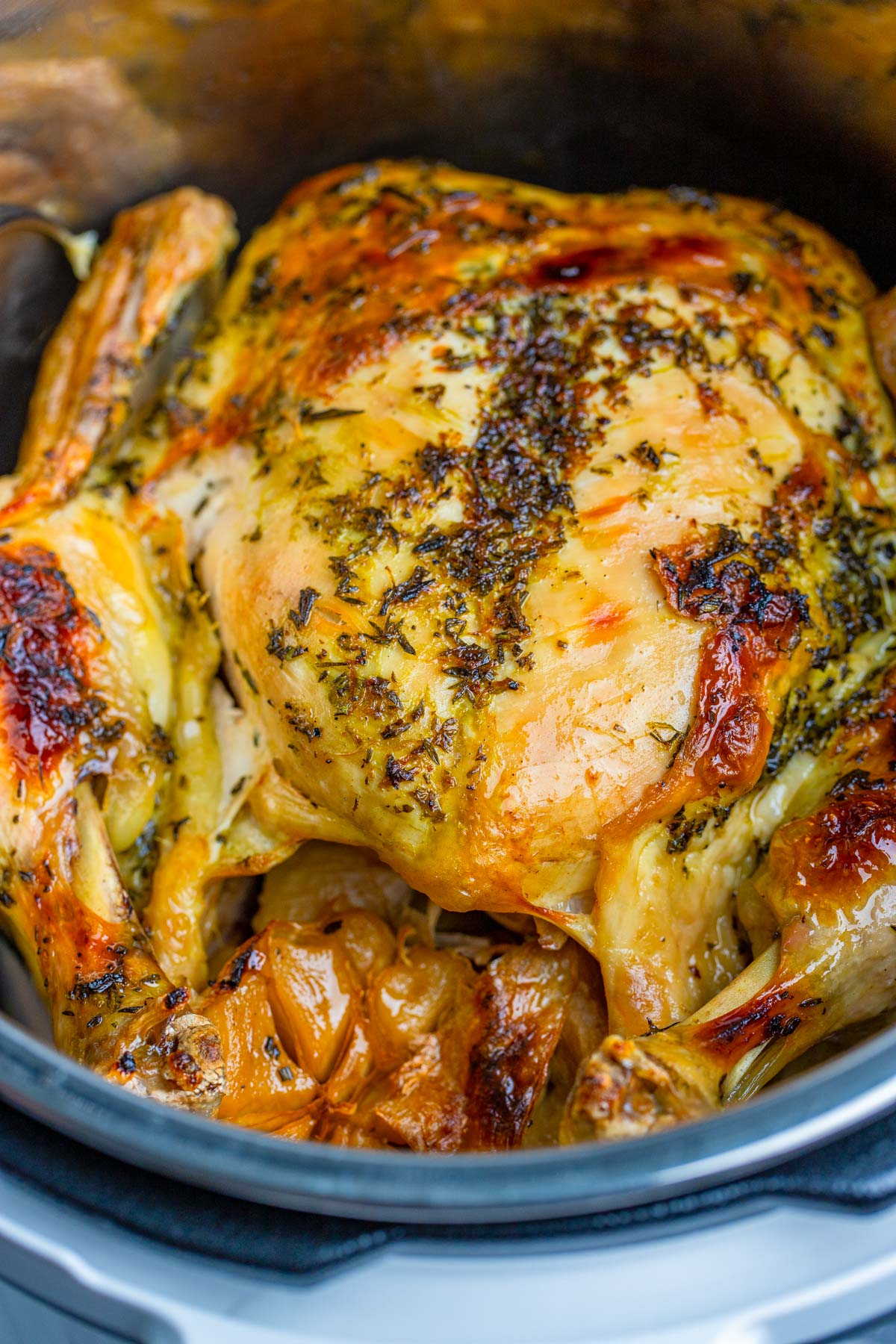 cooked whole chicken in the instant pot up close. 