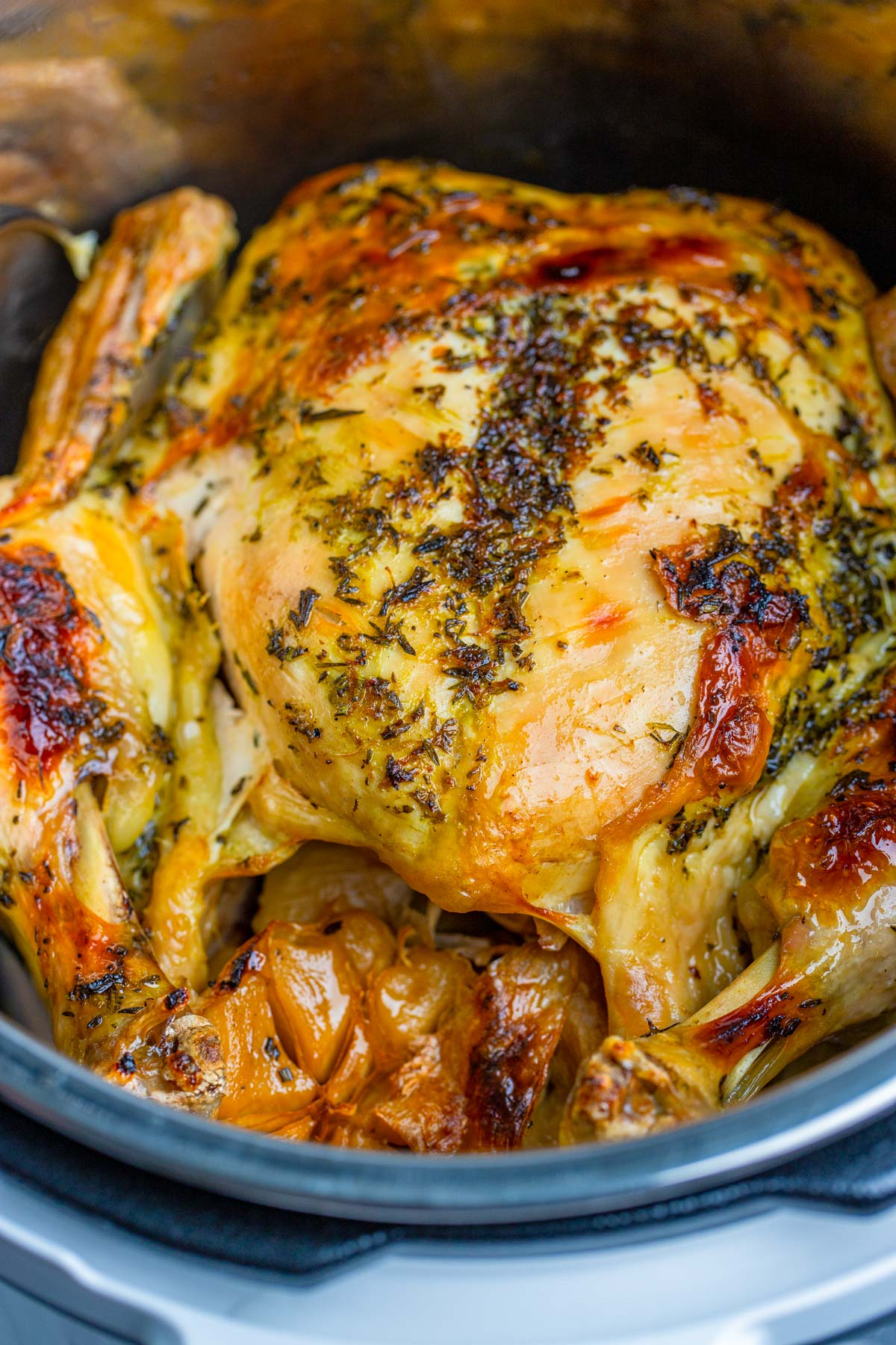 cooked whole chicken in the instant pot up close.