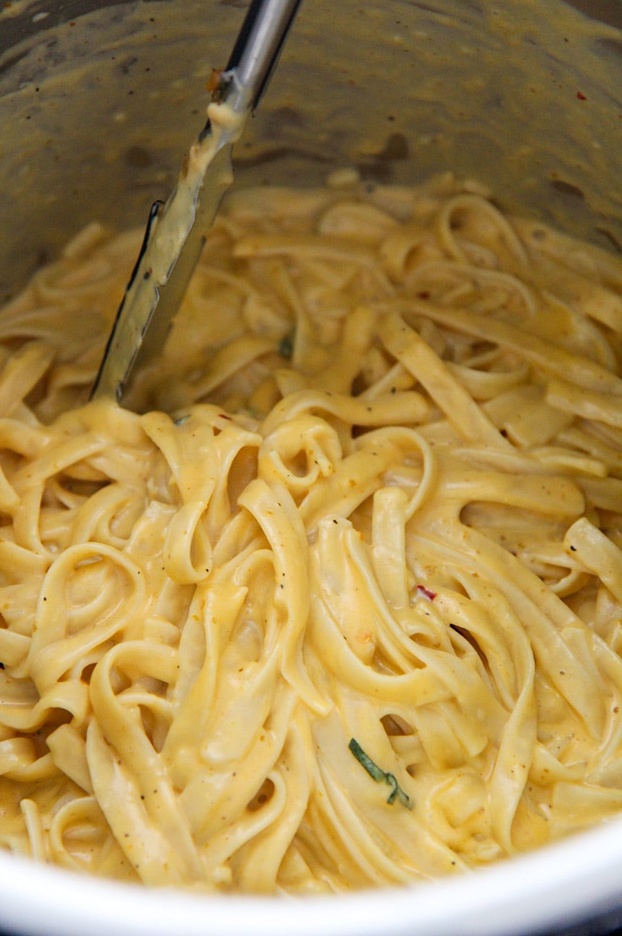 pumpkin fettuccine alfredo up close in the instant pot. 