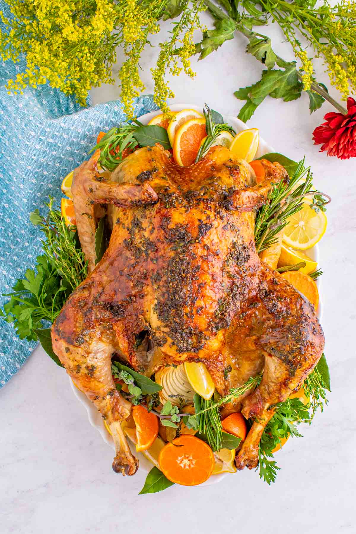 a cooked juicy roast turkey on a platter decorated with orange slices and herbs. 