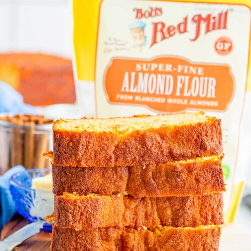 4 slices of gluten free sweet potato bread and a bobs red mill package in the background.