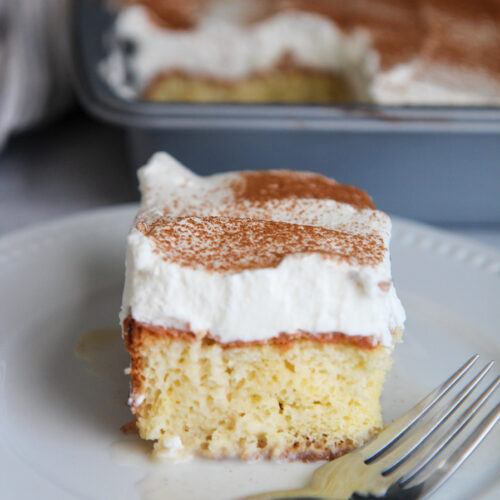 a slice of coquito cake up close with a fork on the side.