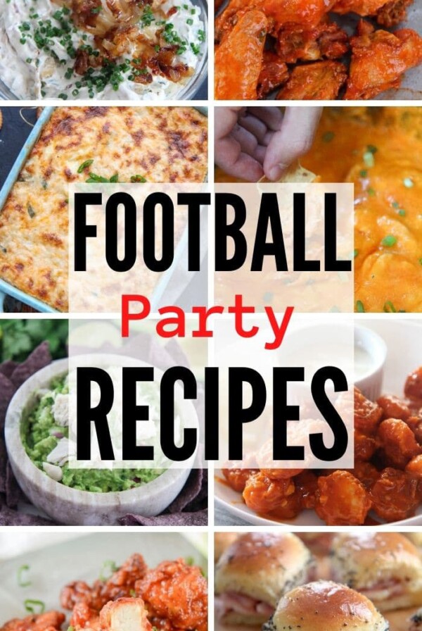 football party recipes collage with 8 photos.