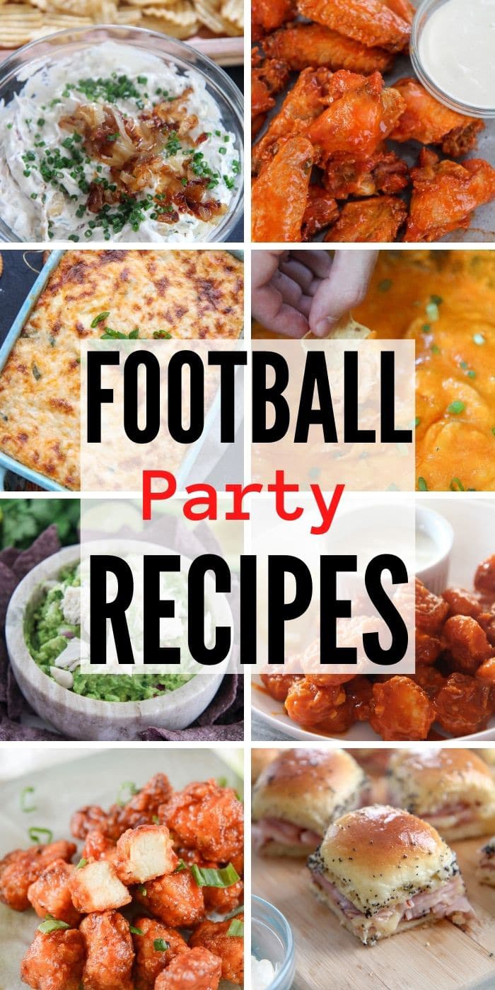 football party recipes collage with 8 photos.