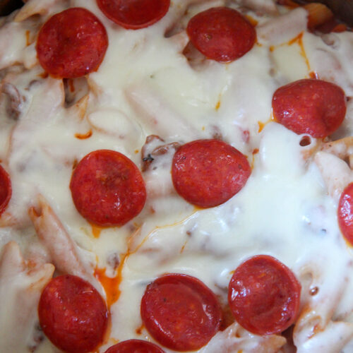 pizza pasta with mozzarella cheese and pepperoni