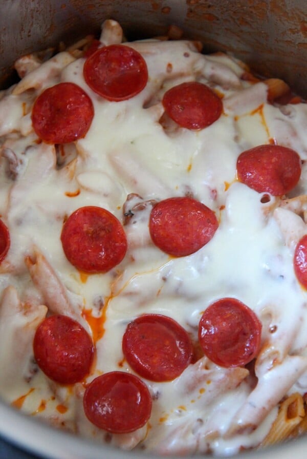pizza pasta with mozzarella cheese and pepperoni