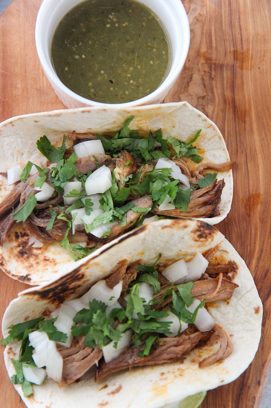 pork carnitas tacos up close. 