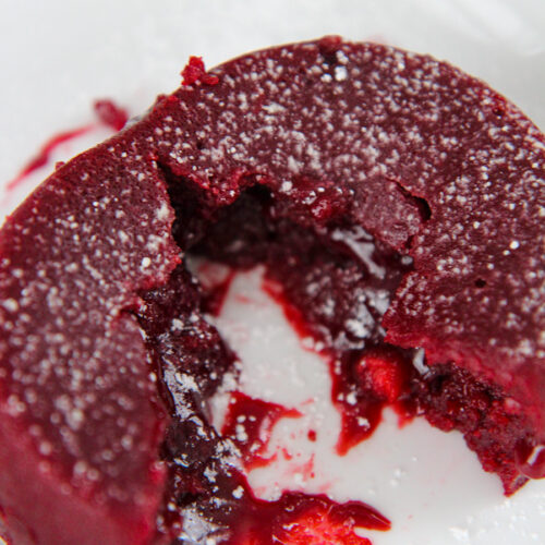 red velvet lava cake on a white plate