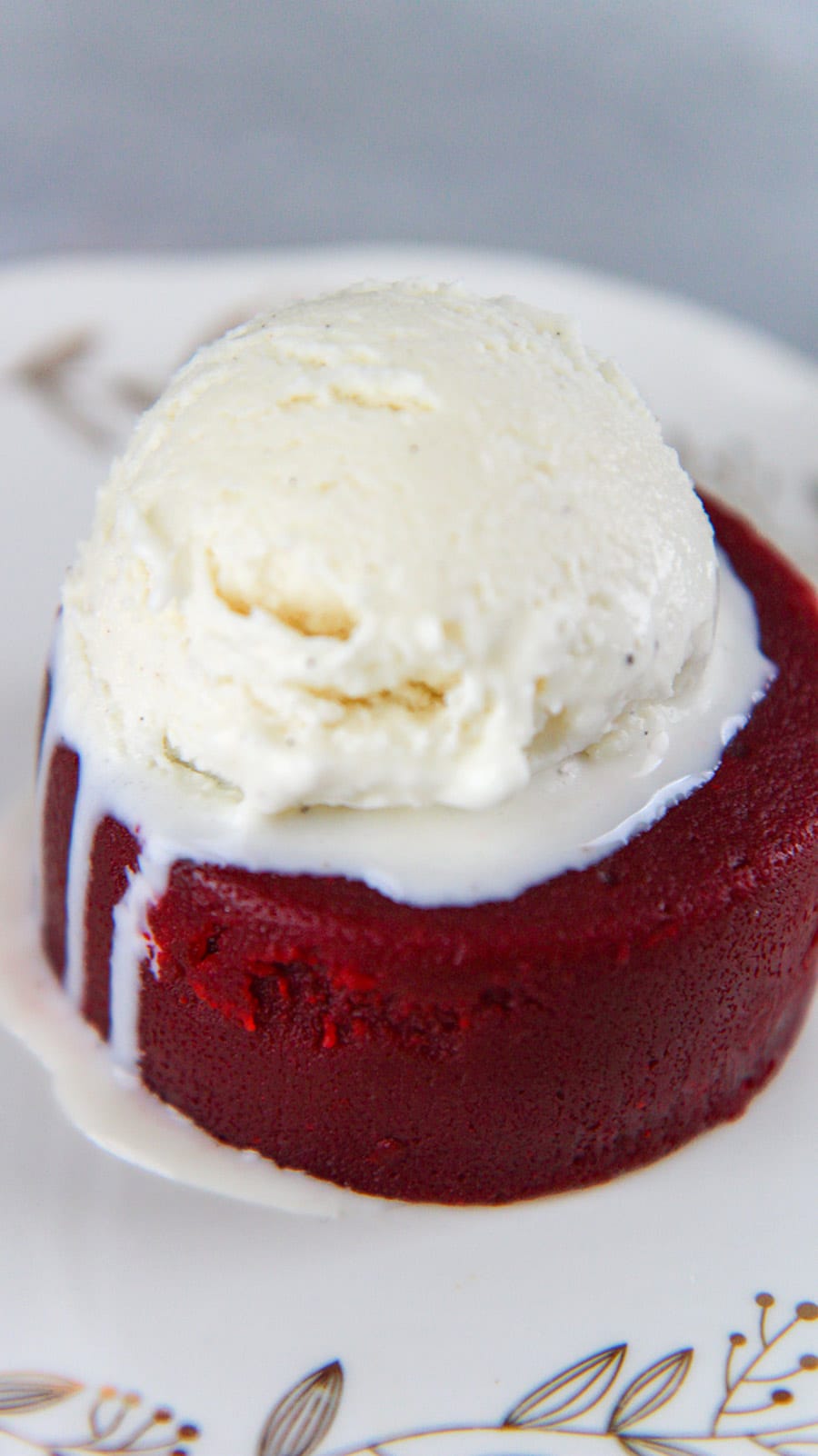 red velvet lava cake with vanilla ice cream on top.