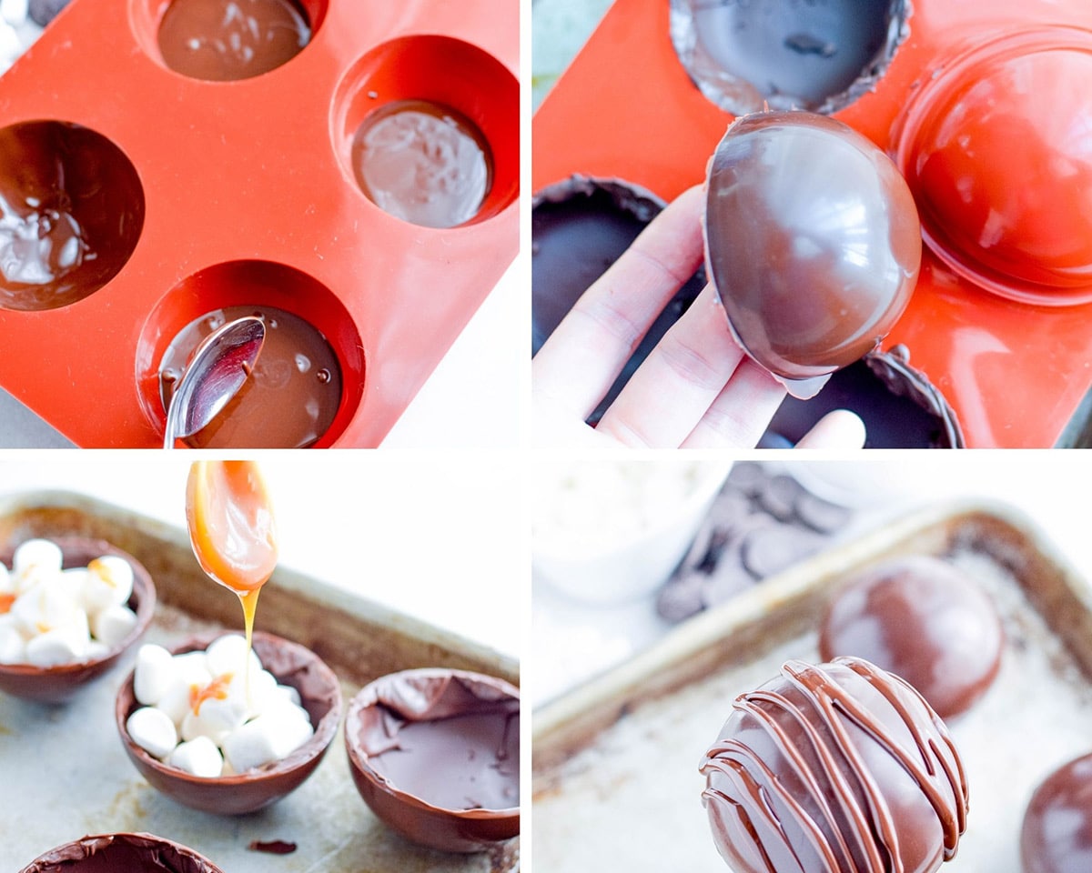 collage with four photos including a red mold with chocolate, chocolate shells filled with marshmallows and salted caramel, and a completed hot cocoa bomb. 