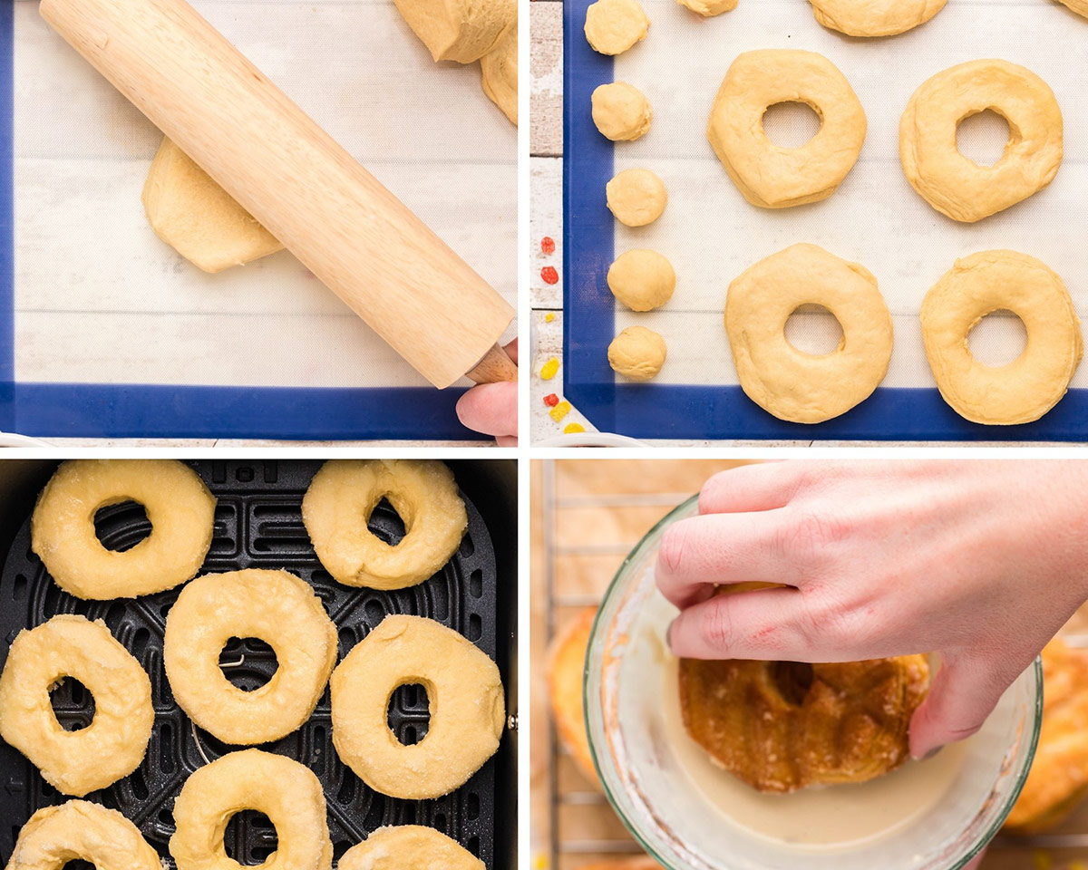 photo collage with four photos showing how to make fruity pebble donuts. one picture showing a rolling pin rolling dough, one photo showing donut cuts outs, donuts in the air fryer, and a hand glazing a donut. 