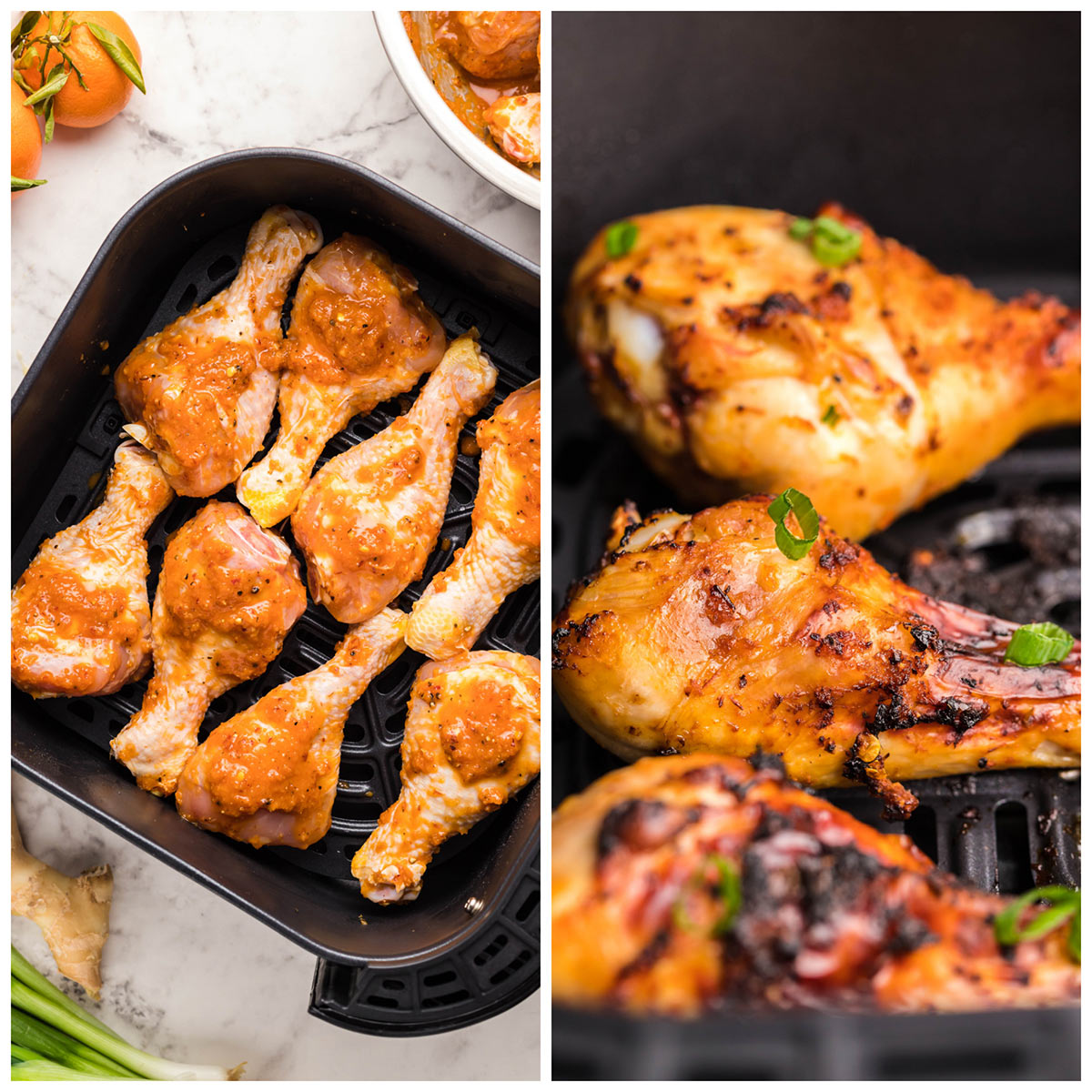 photo collage with 2 photos showing raw chicken legs in the air fryer and cooked chicken legs in the air fryer.