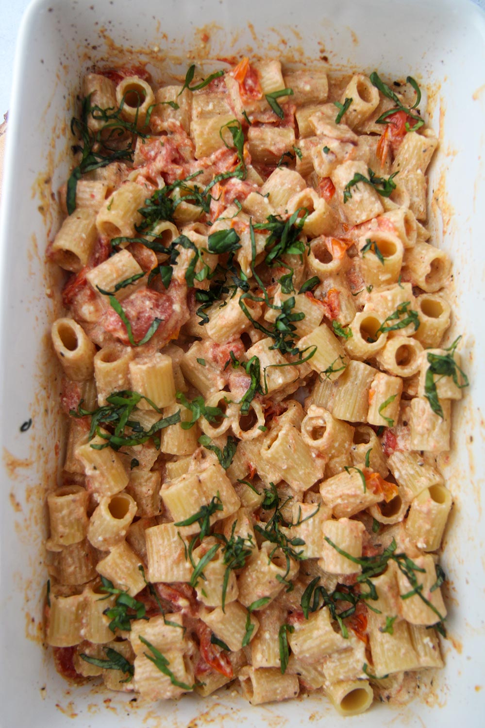 baked feta pasta in a 9x13 baking dish