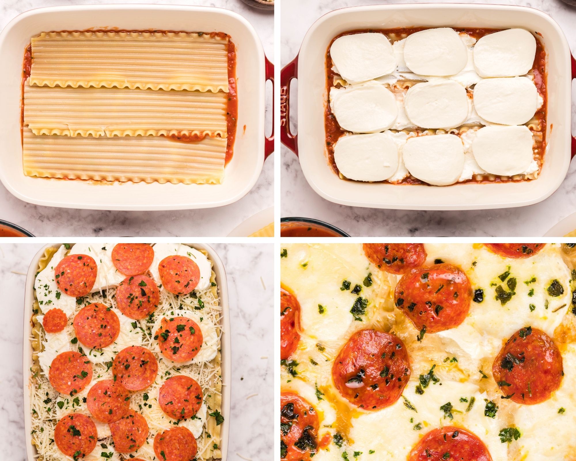 collage with four photos showing the pizza lasagna cooking process. One photo showing 3 cooked lasagna noodles in a casserole, one photo showing cheese on top of the noodles, one picture showing cheese and pepperoni on top, and finally baked pizza lasagna. 