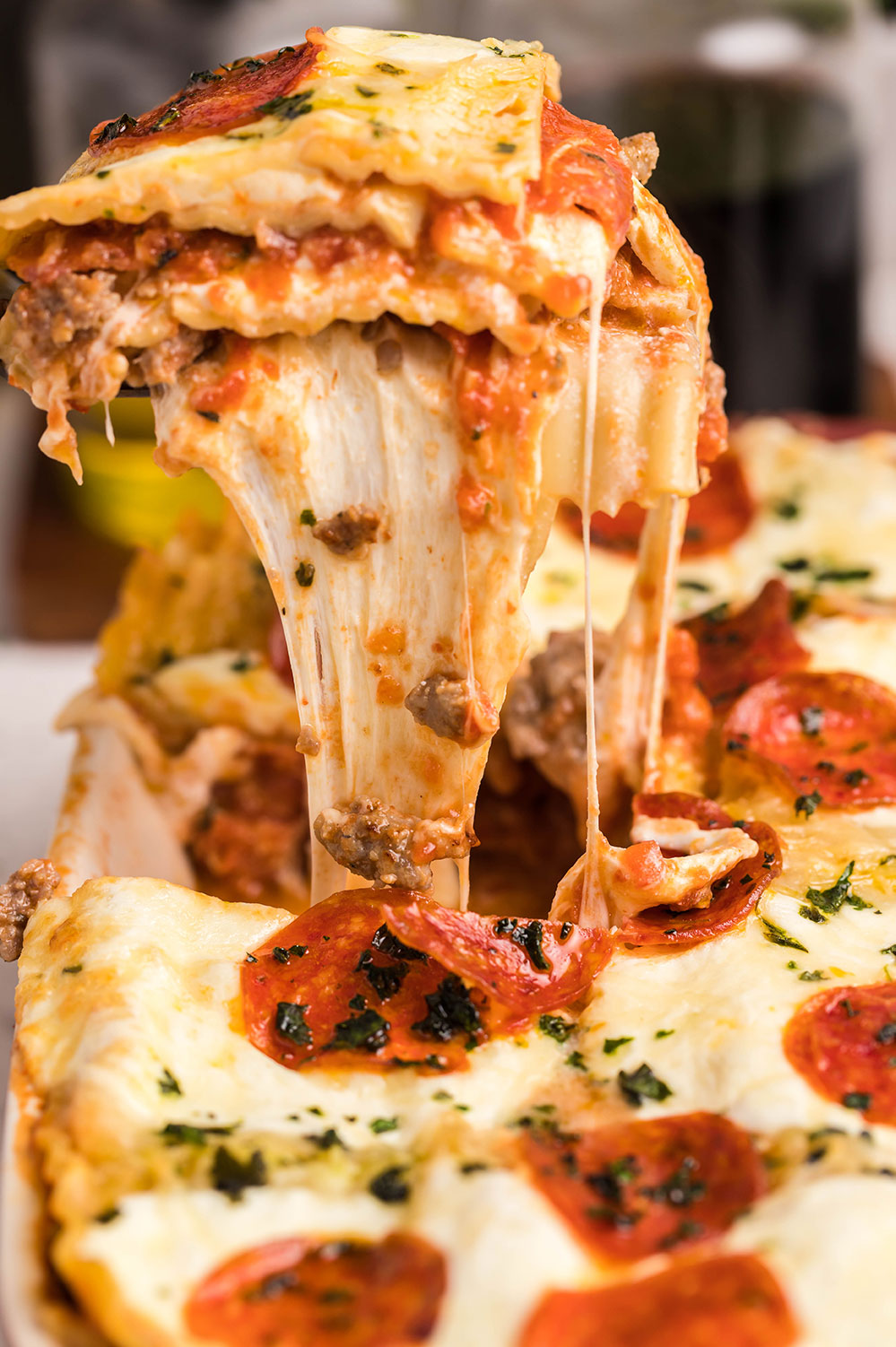 a slice of lasagna up close.