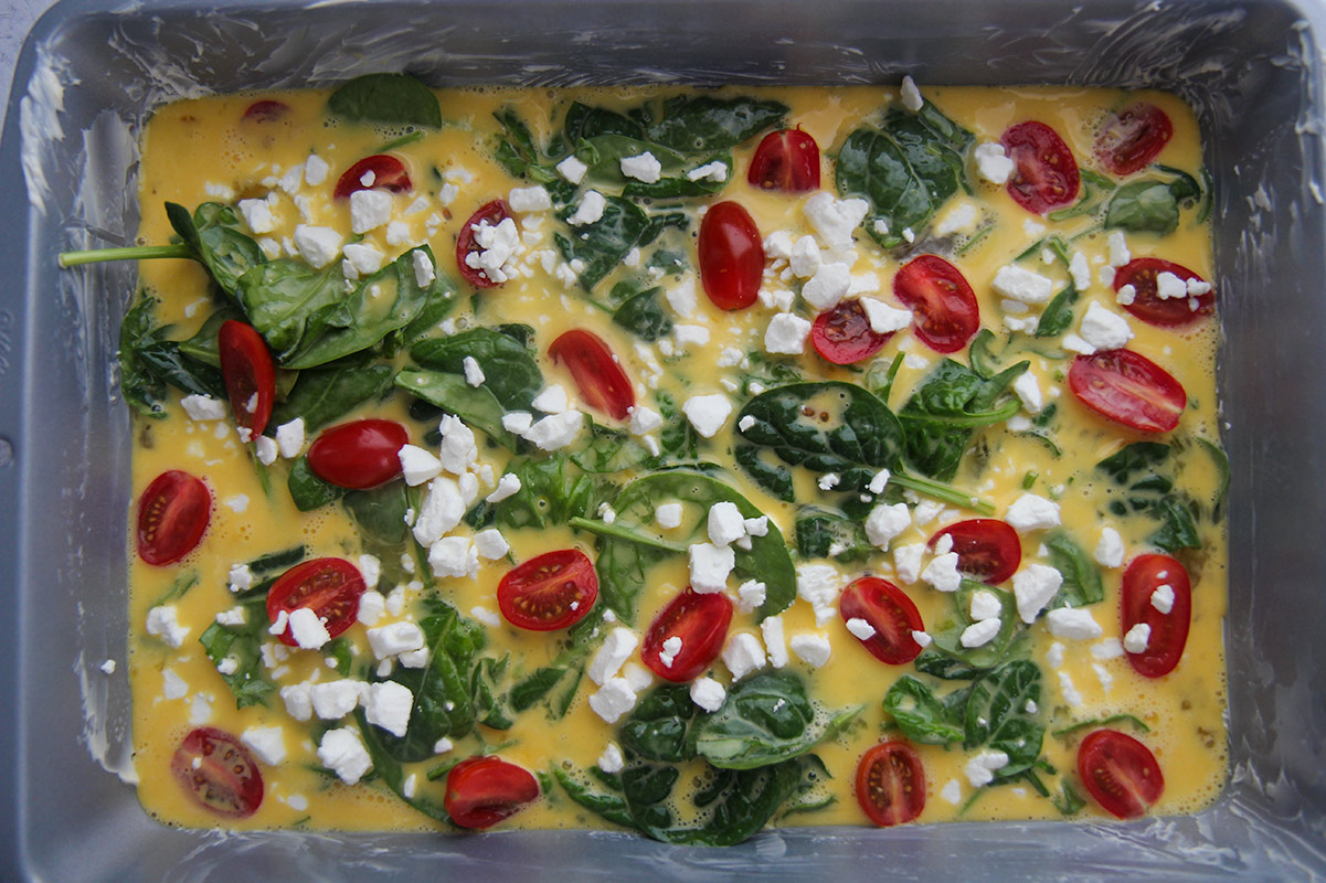 raw egg mixture in a 9x13 buttered baking dish. 