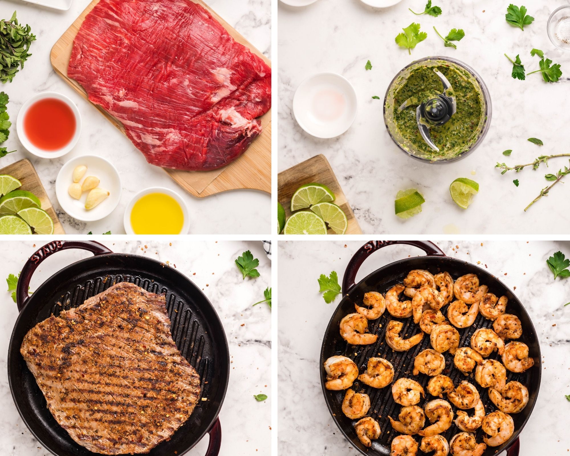 collage with four photos showing raw flank steak, chimichurri in a food processor, cooked steak, and cooked shrimp. 