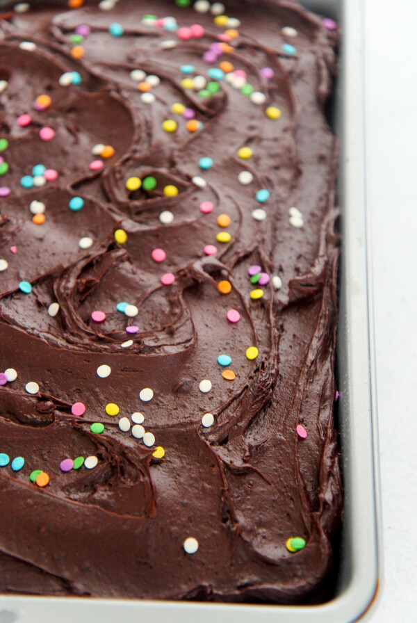 9x13 buttermilk chocolate cake with chocolate frosting and sprinkles.