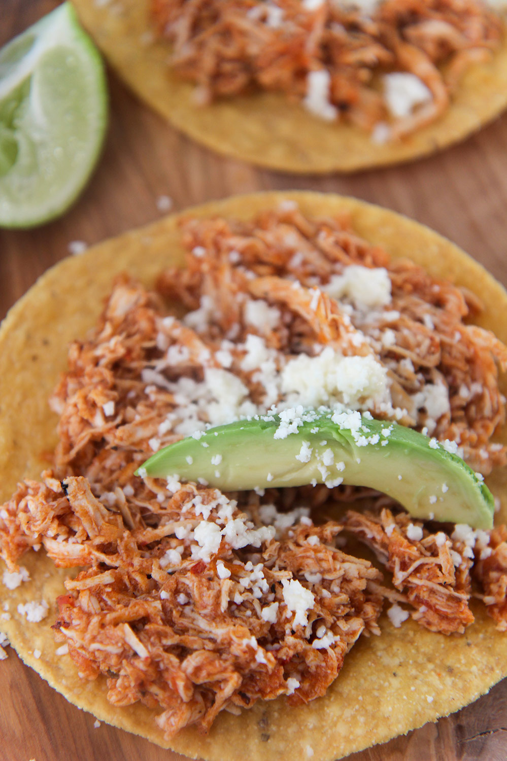 instant pot chicken tinga tostada up close. 