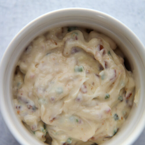 bacon aioli in a white ramekin