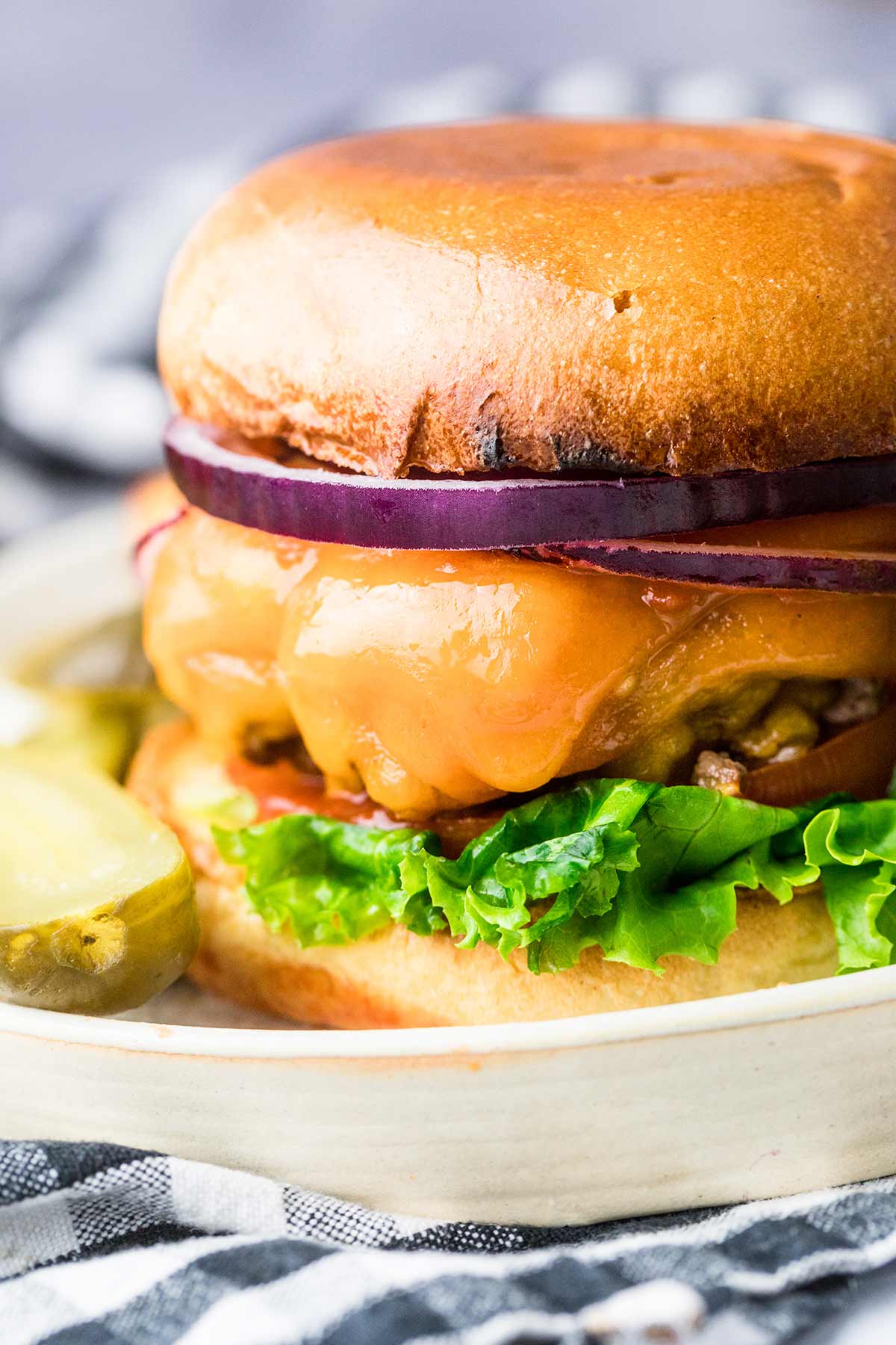 One cheeseburger with lettuce, tomato, and onion on a plate up close. 