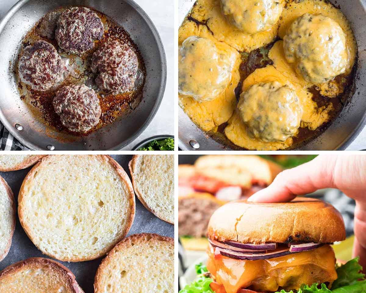 photo collage with four photos showing how to cook cheeseburgers step by step.