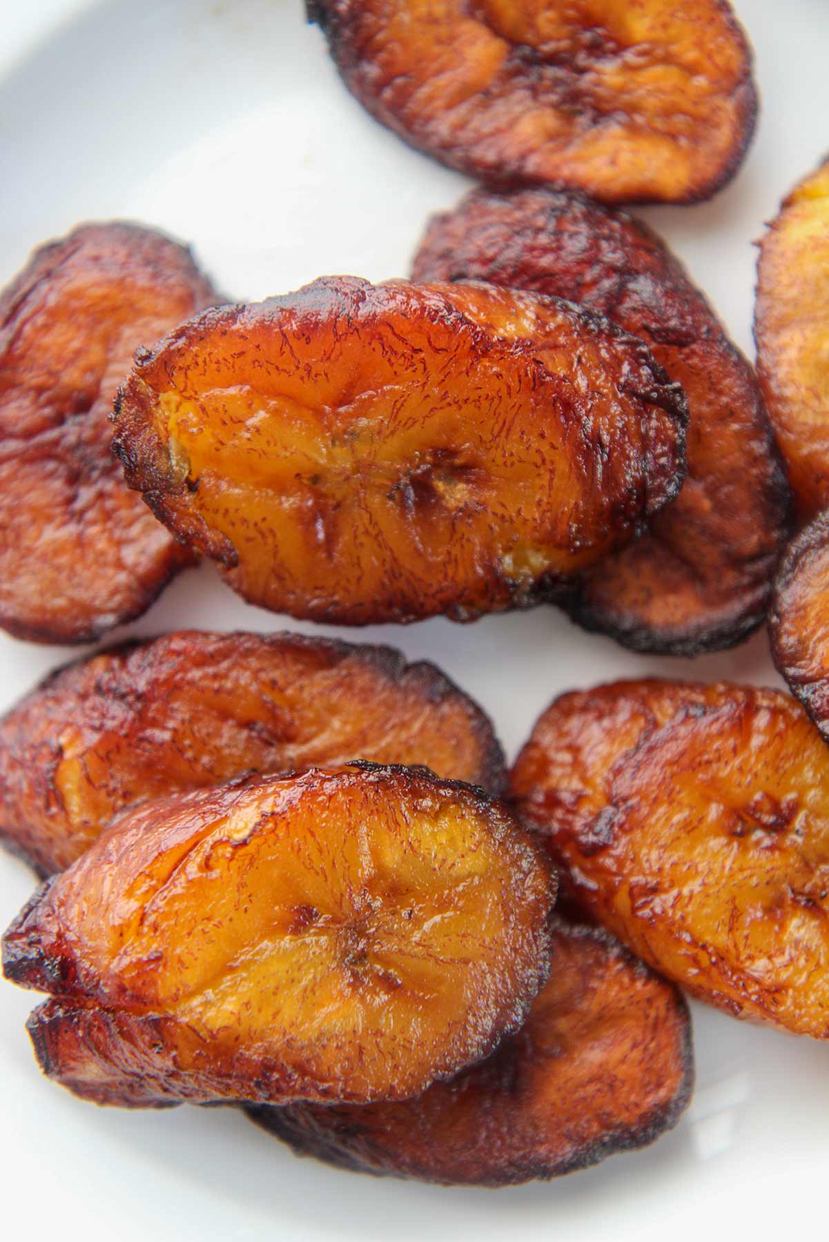fried plantain slices up close. 