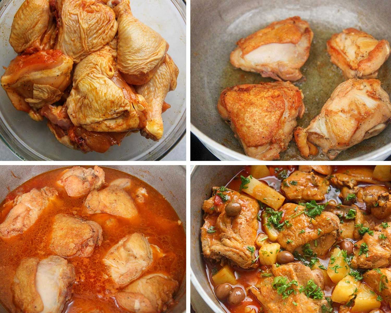 A collage with step by step instructions on how to cook pollo guisado. 