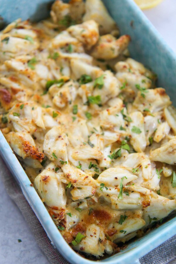 crab imperial in a blue baking dish.