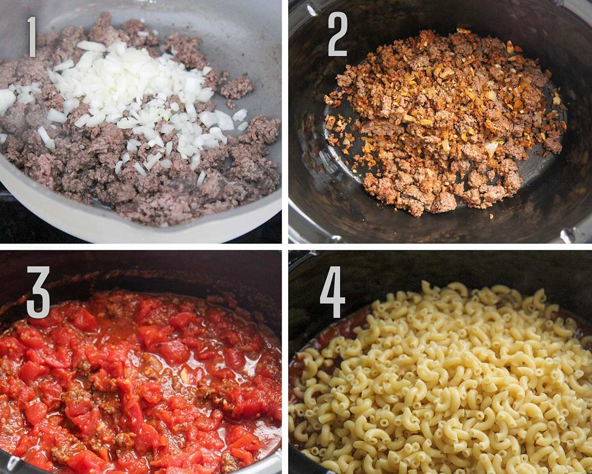 A collage with four photos showing how to make goulash. 