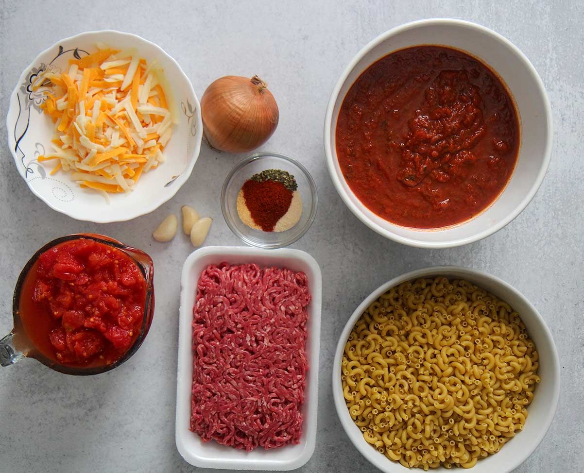 what goes into crockpot goulash. Ingredients in bowls. 