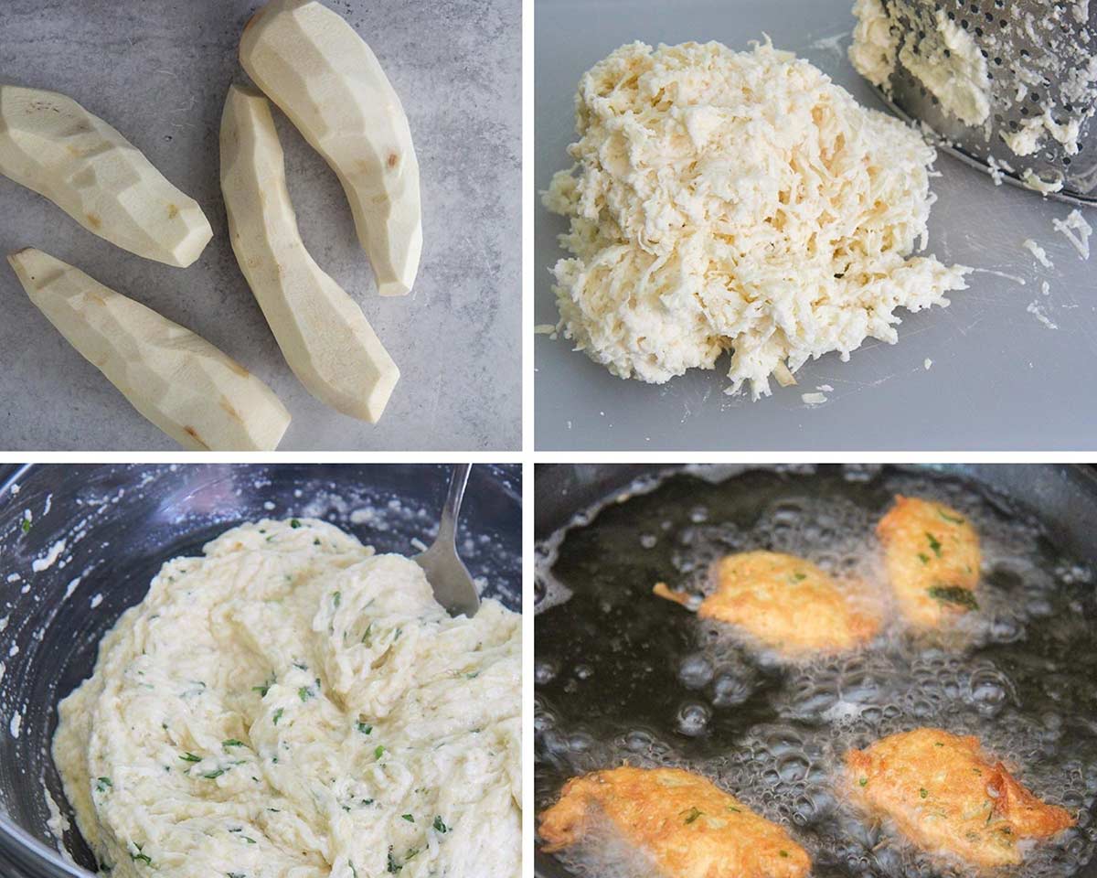4 photo collage showing how to make malanga fritters step by step. 
