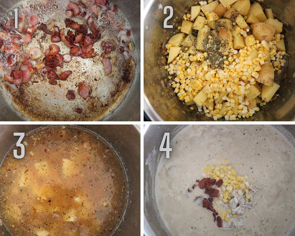 photo collage with four photos showing how to make instant pot crab and corn chowder. 