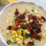 instant pot crab and corn chowder in a bowl up close.