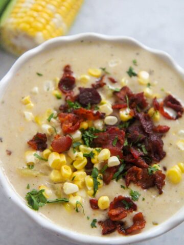 instant pot crab and corn chowder in a bowl up close.