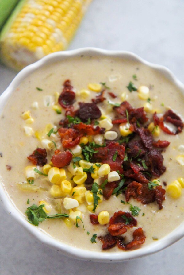 instant pot crab and corn chowder in a bowl up close.