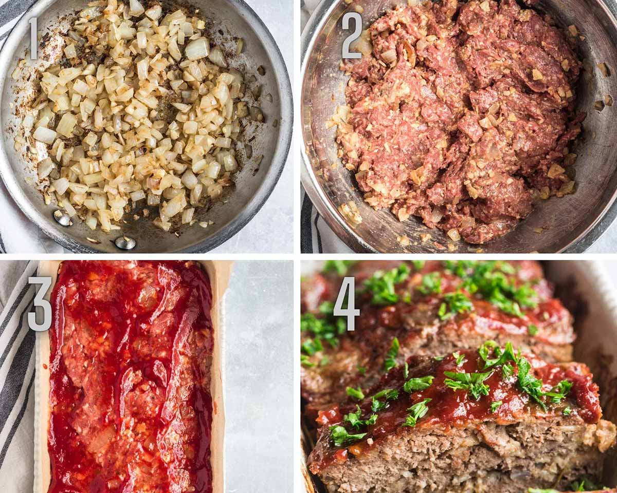 collage with four photos showing how to make meatloaf. 