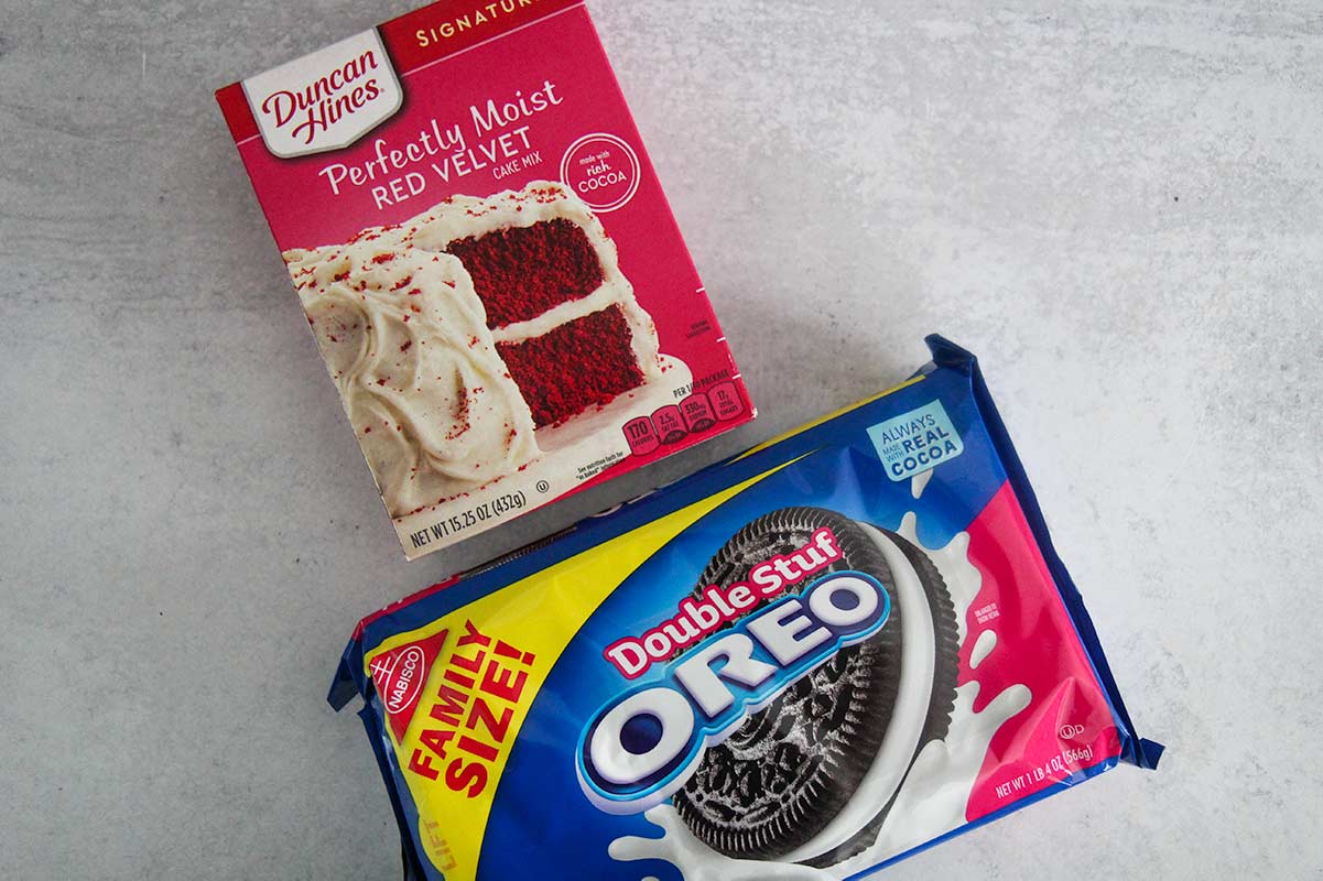 red velvet cake mix and a box of Oreo cookies. 