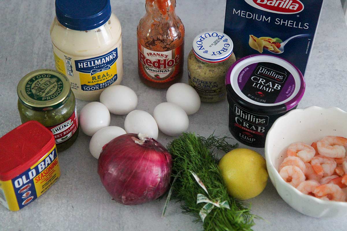 ingredients for seafood pasta salad. 