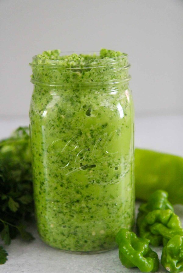 Sofrito in a mason jar up close.