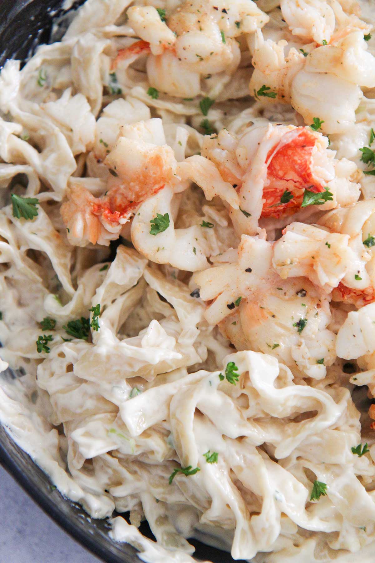 fettuccine Alfredo with lobster chunks and parsley on top. 