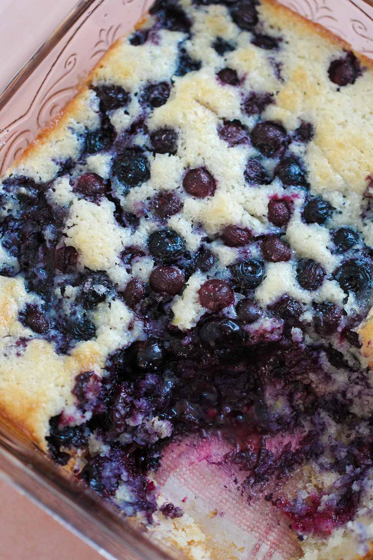 Southern blueberry cobbler in a 9x9 baking dish. 