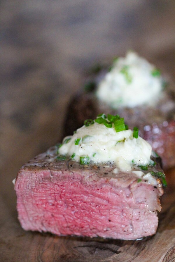air fryer filet mignon with garlic butter on top