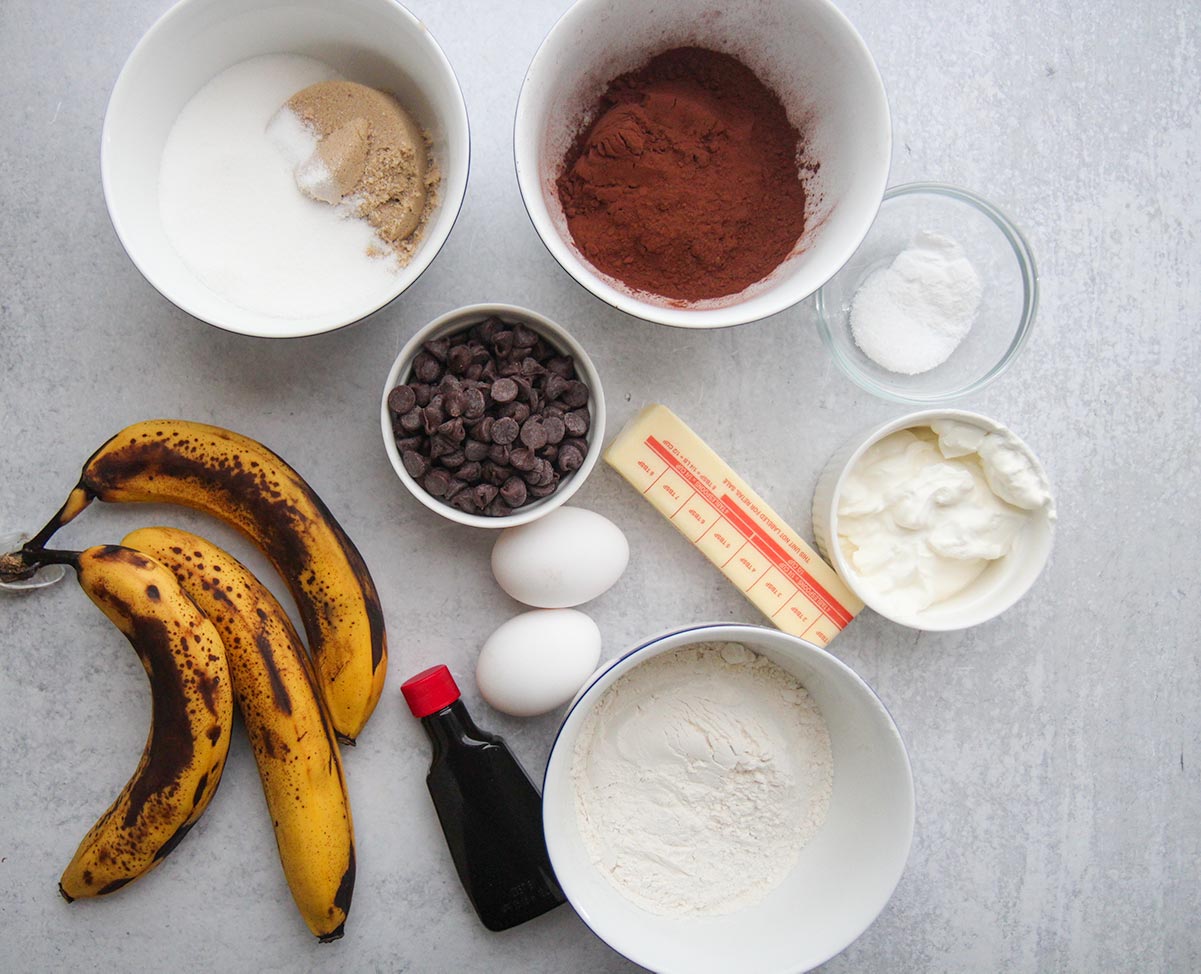 ingredients for chocolate banana bread. 