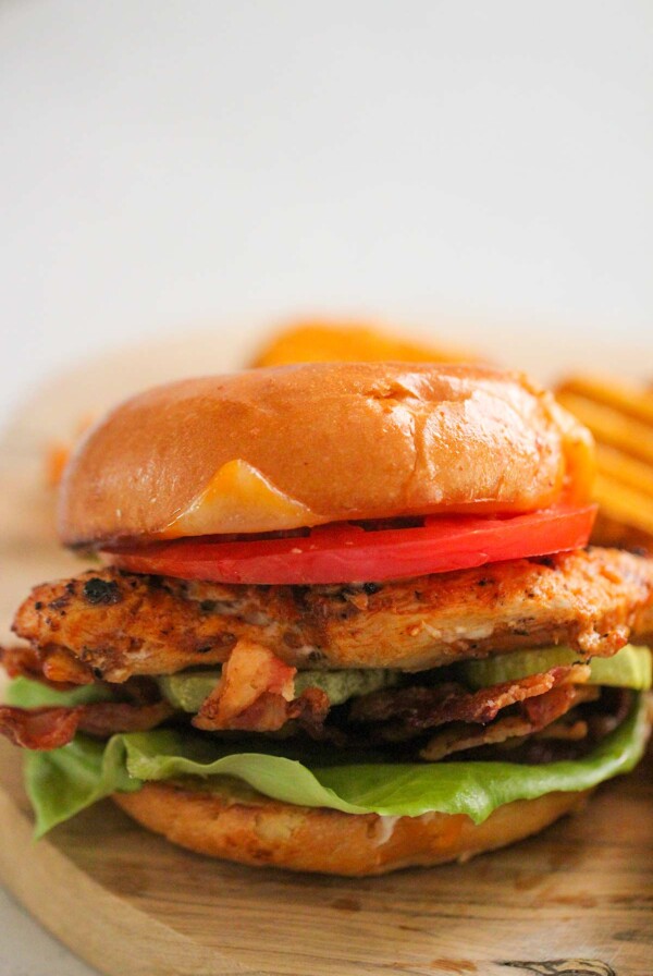 spicy grilled chicken sandwich up close.
