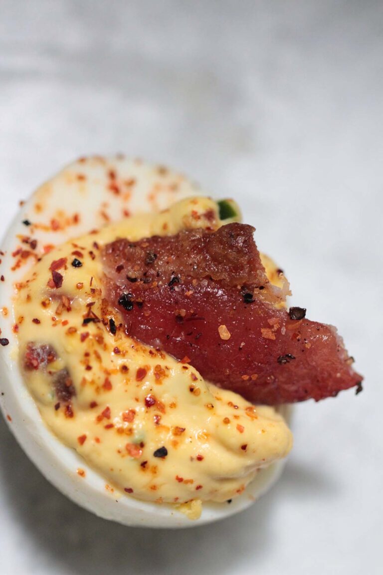 Candied Bacon Jalapeno Deviled Eggs Cooked by Julie